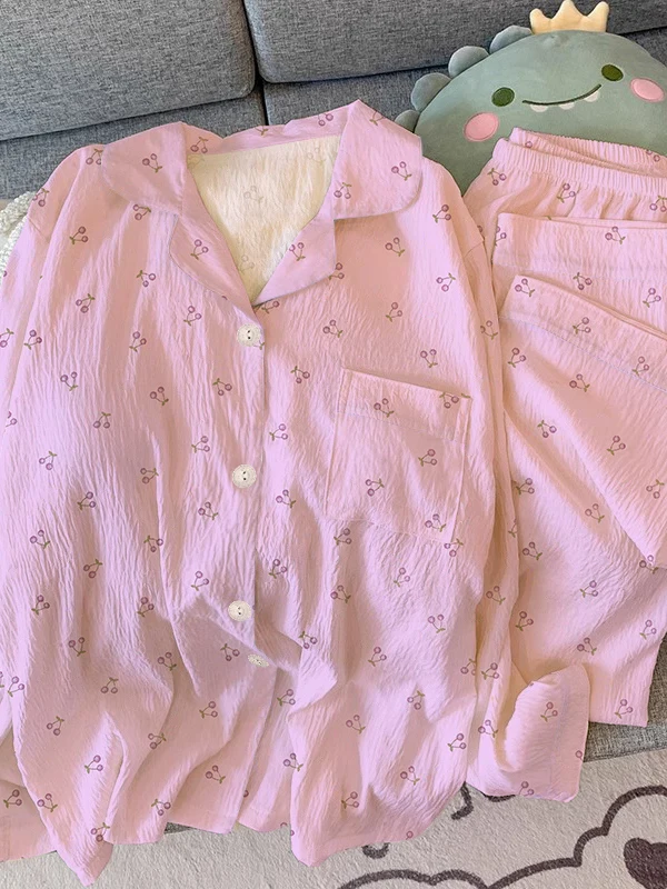 Sweet Cherry Print Casual Sleepwear Set for Women with Long Sleeves And Pants Wrinkles Cloth Home Clothes Suitable for Spring...