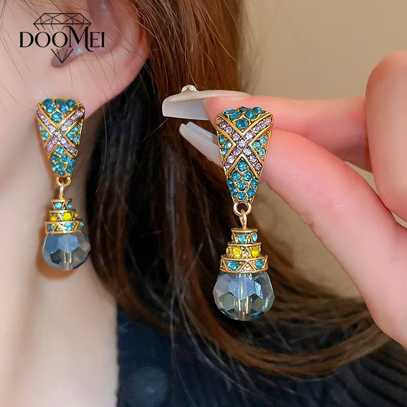 DOO MEI Vintage Multicolor Rhinestone Teardrop Dangle Earrings Women Drop Earrings Evening Banquet Bohemian Statement Jewelry