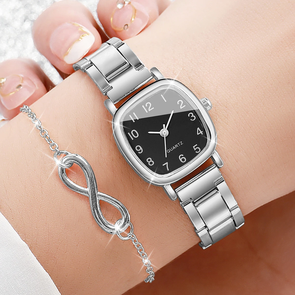 2PCS Fashion Square Arabic Dial Women Quartz Wristwatch Ladies Alloy Strap Watch With Bracelet Reloj Mujer (Without Box)