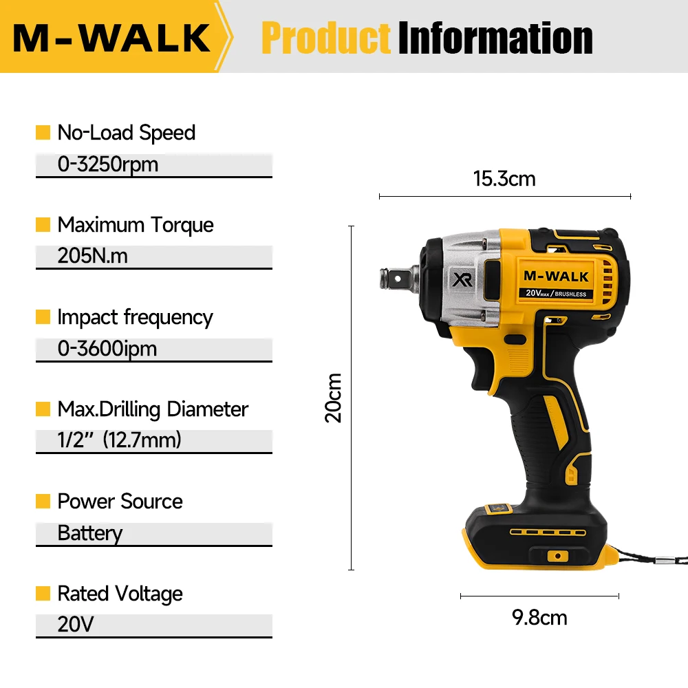 M-WALK DCF880 مفتاح ربط بدون فرش 3250 دورة في الدقيقة إطار قابل للفصل 205N.m أدوات كهربائية قوية للتفكيك لدبوس بطارية ديوالت 20 فولت #4