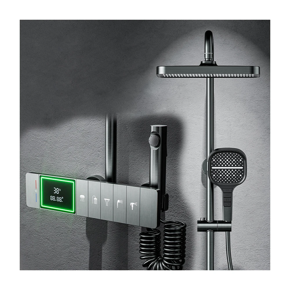 

Латунный настенный душ, цифровой атмосферный светильник, пианино, цифровой дисплей, смеситель для душа в ванной комнате, набор для душа для фортепиано