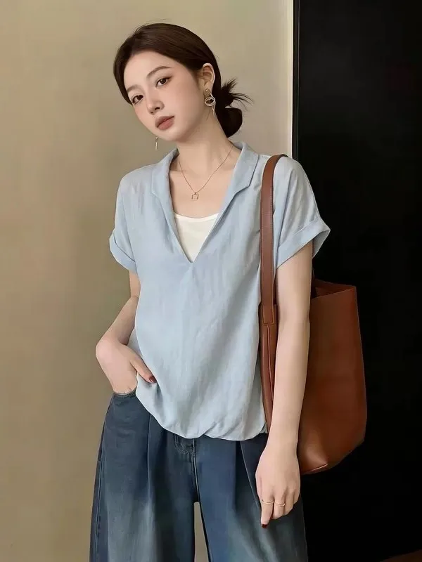 

plus Size Blue V-Neck Short Sleeve Shirt Women's Summer New Style Irregular Top Korean Style Commute Wind Fake Two-Piece