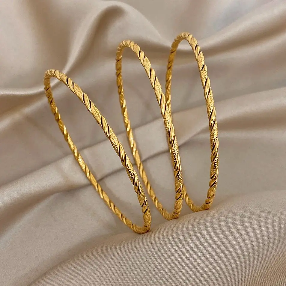 1pc/3pcs Irregular Textured Bracelets For Women Simple Gold Plated Stainless Steel Wristband Bangle Smooth Jewelry Accessories