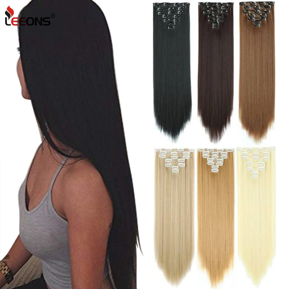 Leeons HAIR-Extensions de cheveux synthétiques en fibre haute température, postiche noire et brune, longue et lisse, 16 clips, 22 po, 1 PC