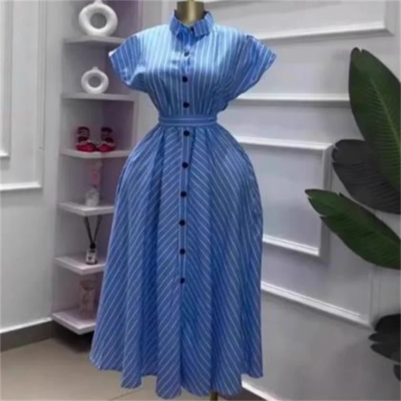 2025, Sommer-Vintage-Damenmode, gestreiftes, kurzärmeliges Kleid mit Flötenhals-Hemdkragen
