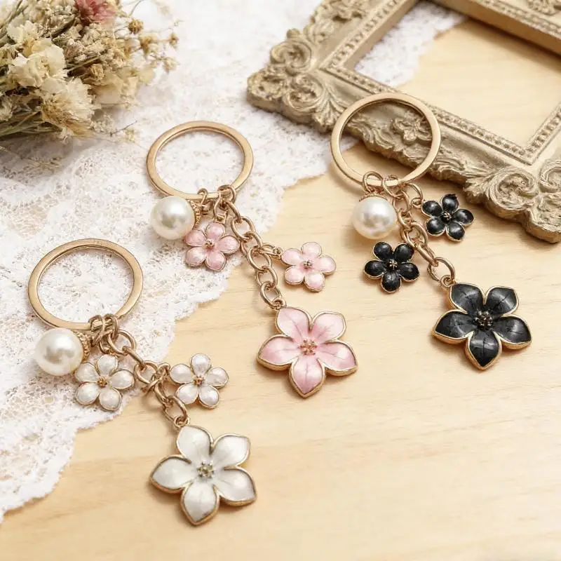 1Pcs Lovely Flower Keychain Sweet Solid Color Three Cherry Blossom Pendant Key Ring For Women Handbag Decor