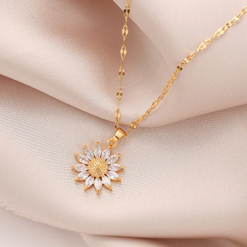 1PCS Gold-color Necklace Ladies Light Luxury Style Flower Pendant Inlaid Zirconia Titanium Steel Chain Holiday Jewelry image 3