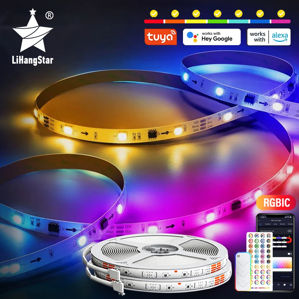 

RGBIC LED Strip Compatible with Alexa Google Home Color Changing LED Light Music Sync TUYA WiFi for Bedroom Ceiling Playroom