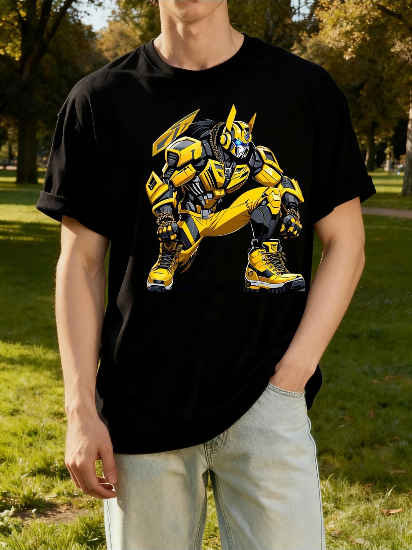 Camiseta Transformers animada "Optimus Prime e Bumblebee" com estampa criativa de 67 números, moda casual com gola redonda