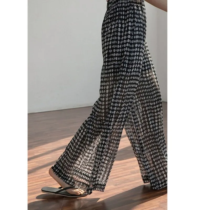 

Женские летние широкие брюки в горошек из тонкого ледяного шелка, повседневные крутые солнцезащитные пляжные брюки с цветочным принтом, шифоновые брюки