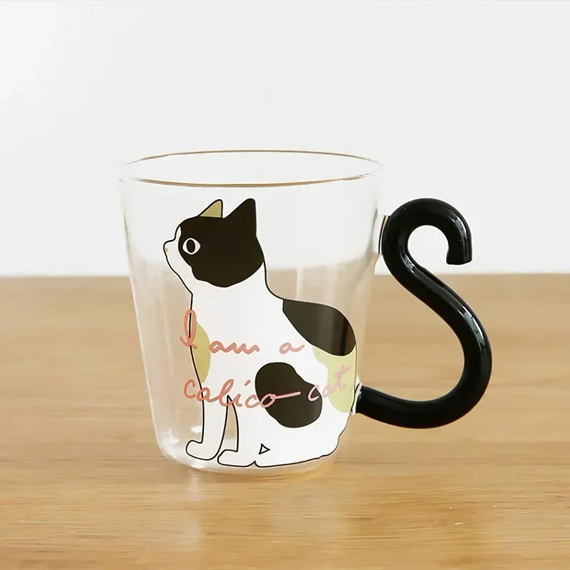 1PCS Cute Cat Glass Juice Coffee Cup Milk Tea Coffee Glass Mug Cat Tail Handle Cat Valentine's Day Lover Gifts Stainless Spoon