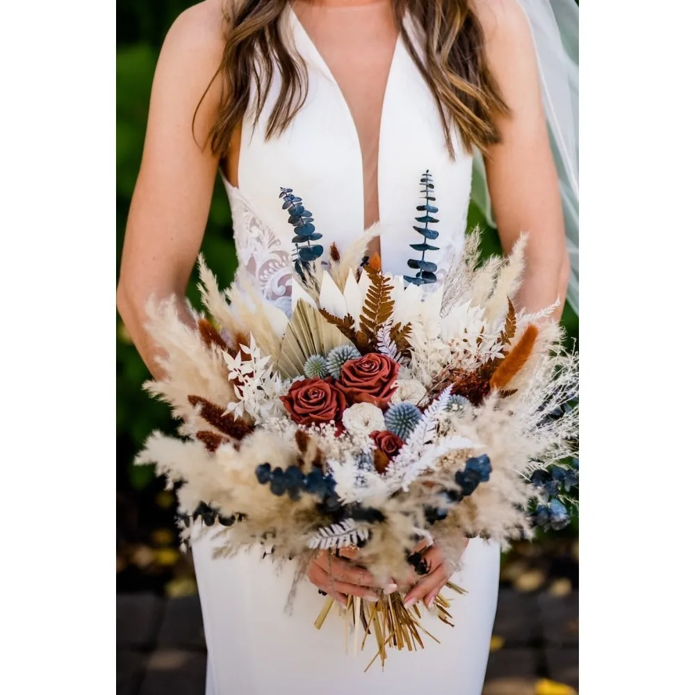 Dried Flower,Rust and Dusty Blue Bouquet,Bride and Bridesmaids,Wedding Flowers