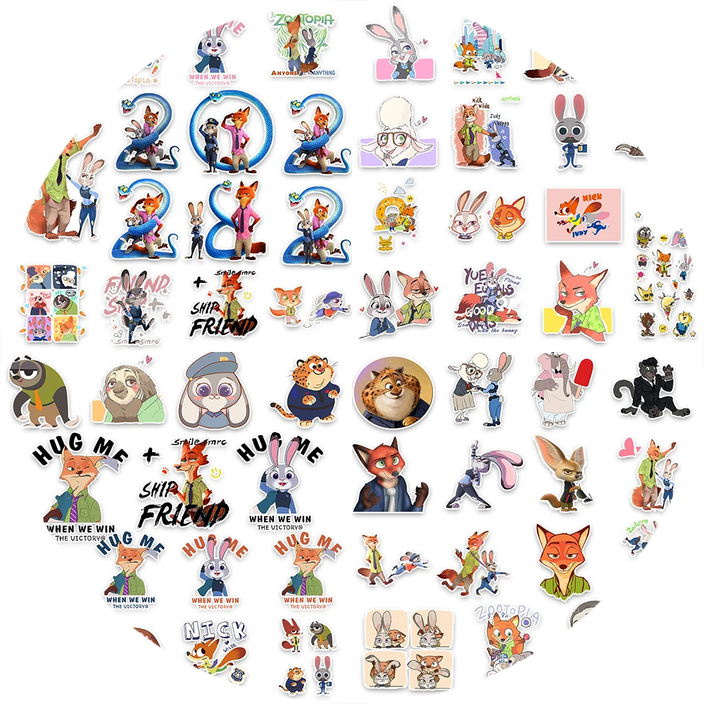 60 قطعة ملصقات فيلم الرسوم المتحركة Zootopia البلاستيكية جودي هوبس نيك وايلد مضحك لطيف خربش DIY بها بنفسك سجل القصاصات الغيتار الهاتف لاصقة تزيين