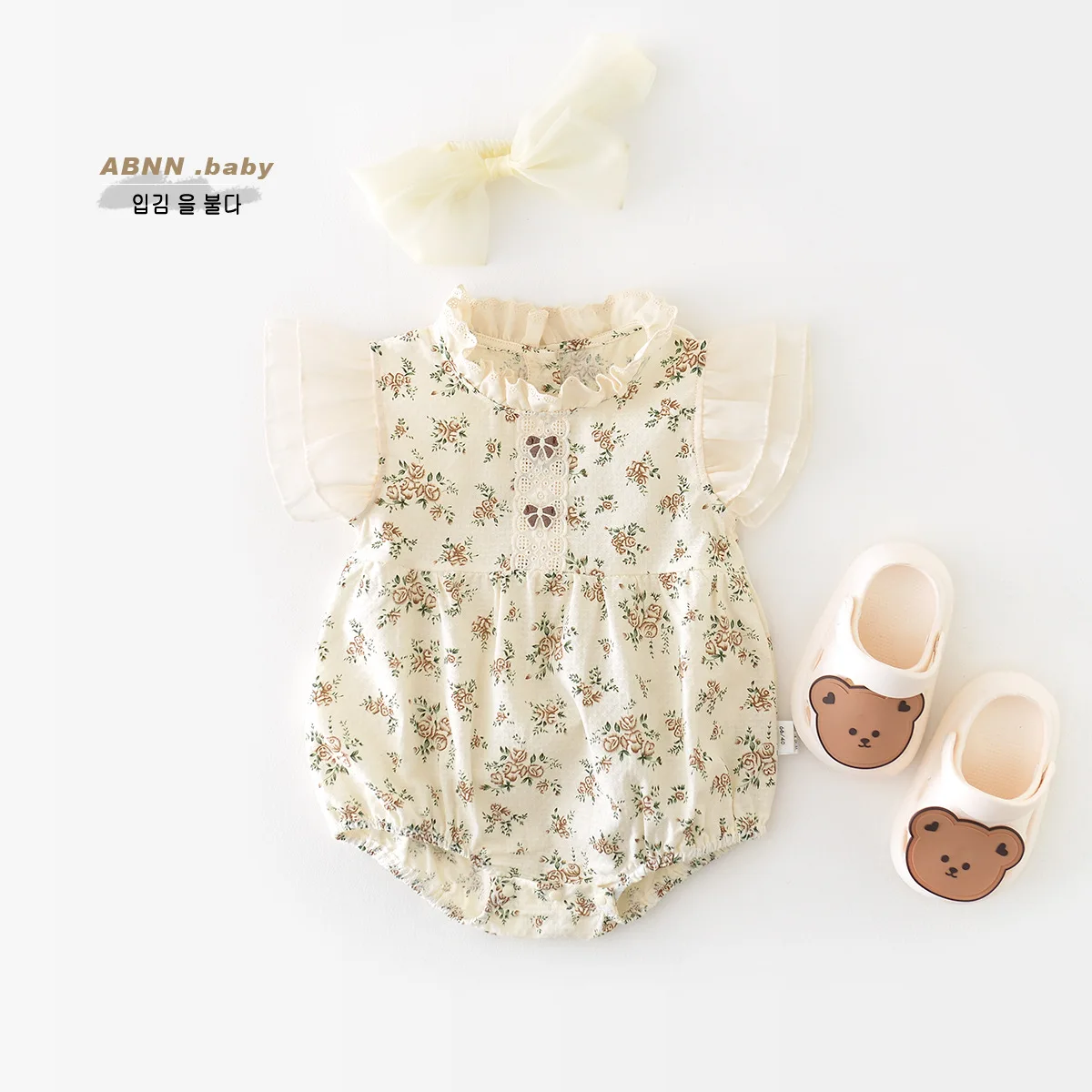 Baby Summer Harper Girl's Ear Edge Fragmented Flower Western Style jumpsuit Girl's Flying Sleeves Breathable Climbing Clothes