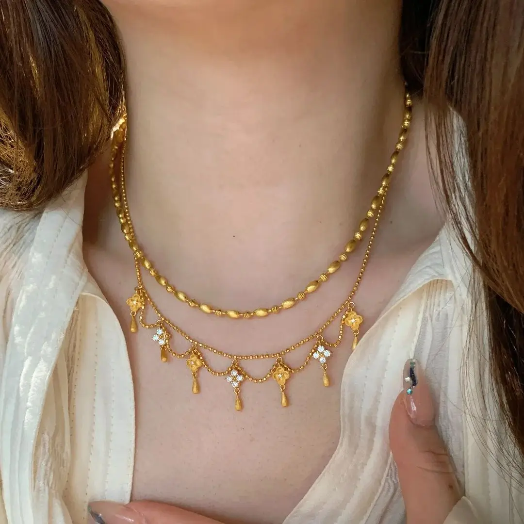 

Waterdrop Tassel Clover Necklace For Women, Delicate And Luxurious, Retro Seven Princess, Brushed Collarbone Chain For Women