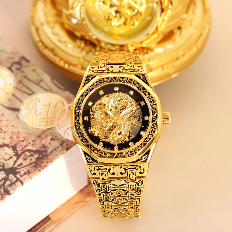 

Мужские черные и золотые стальные ремешки, стильные, элегантные, винтажные, полностью автоматические механические часы с тонкой гравировкой золотого дракона