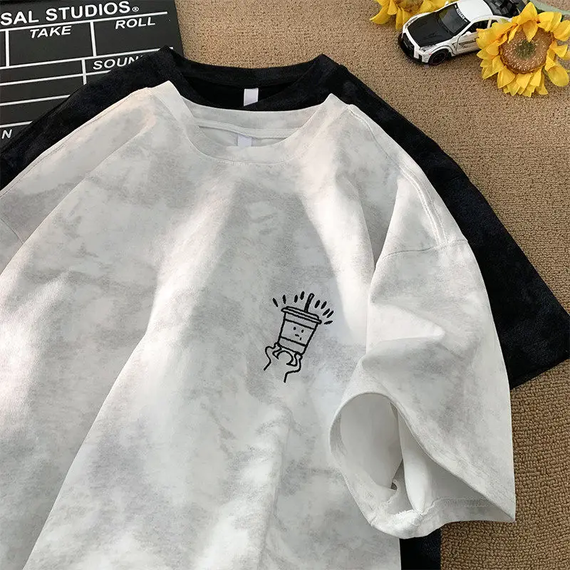 American Style Heavyweight Dyed Short Sleeve T-Shirt Men's Summer round Neck Loose Thin Casual Five-Point Tee Breathable Cotton