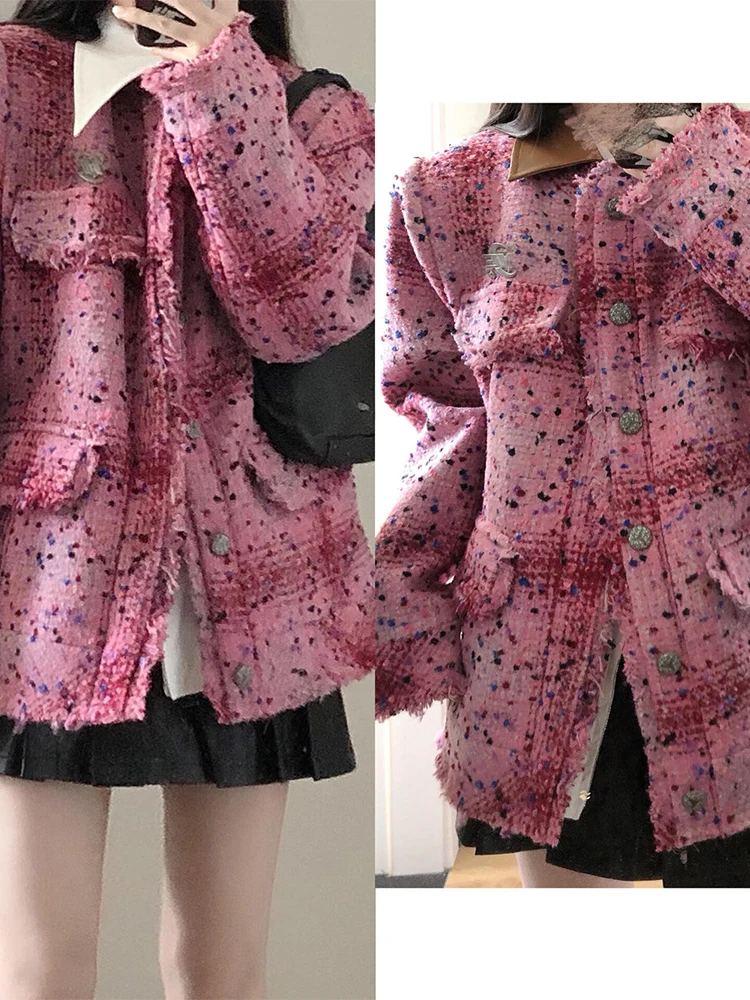 Maglia in pelle con bordo a balza rosa Mix Jaet da donna Primavera Autunno Nuovo marchio Sle Faion High End Feel Collar Coppia Jaet Top