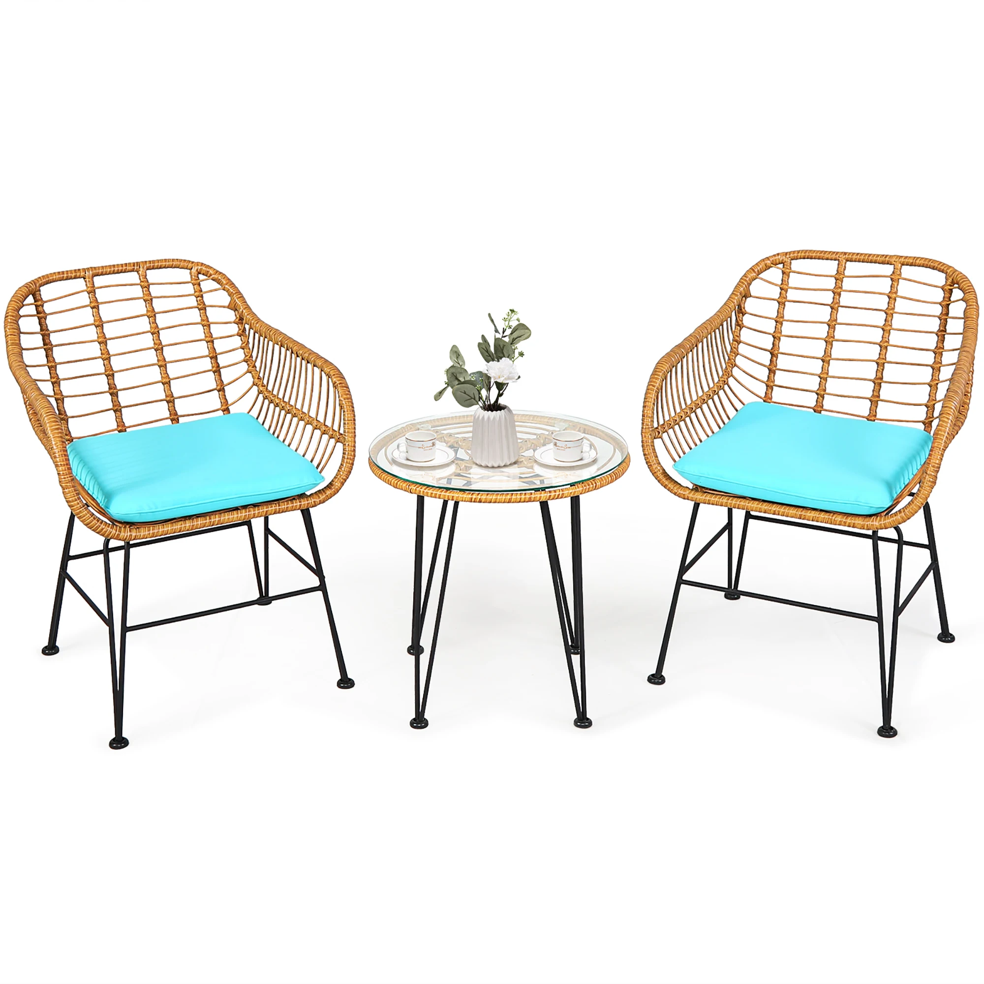 3PCS Patio Rattan Bistro Furniture Set Cushioned Chair Table Turquoise