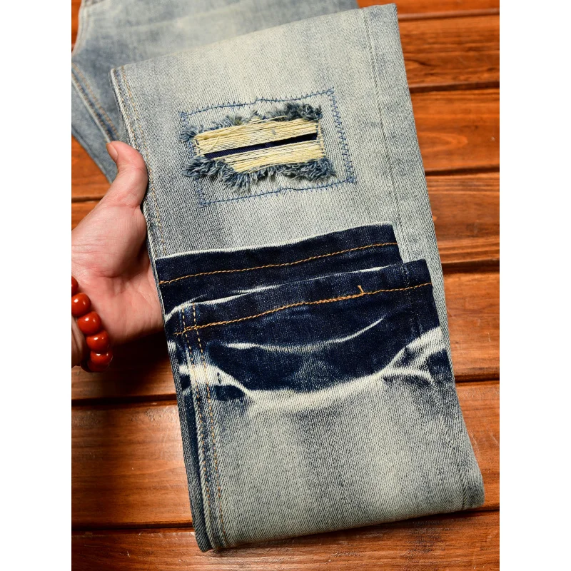 بنطال جينز ريترو عتيق للرجال، أزياء فاخرة خفيفة مطبوعة ممزقة بقصة ضيقة على الطراز الأمريكي العصري