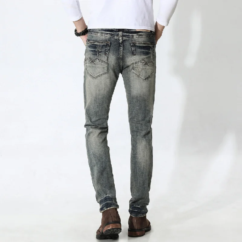 

JXN811 European stretch jeans men's slimming ragged trousers mid-waist washed and whitened electric trousers