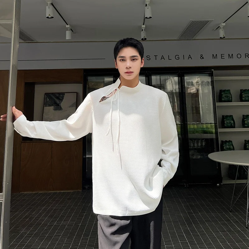 

Casual Chinese Sle irt Men's Long Sve Stand Collar Belted Improvised Version Korean Trendy Leisure Match All Seasons Top