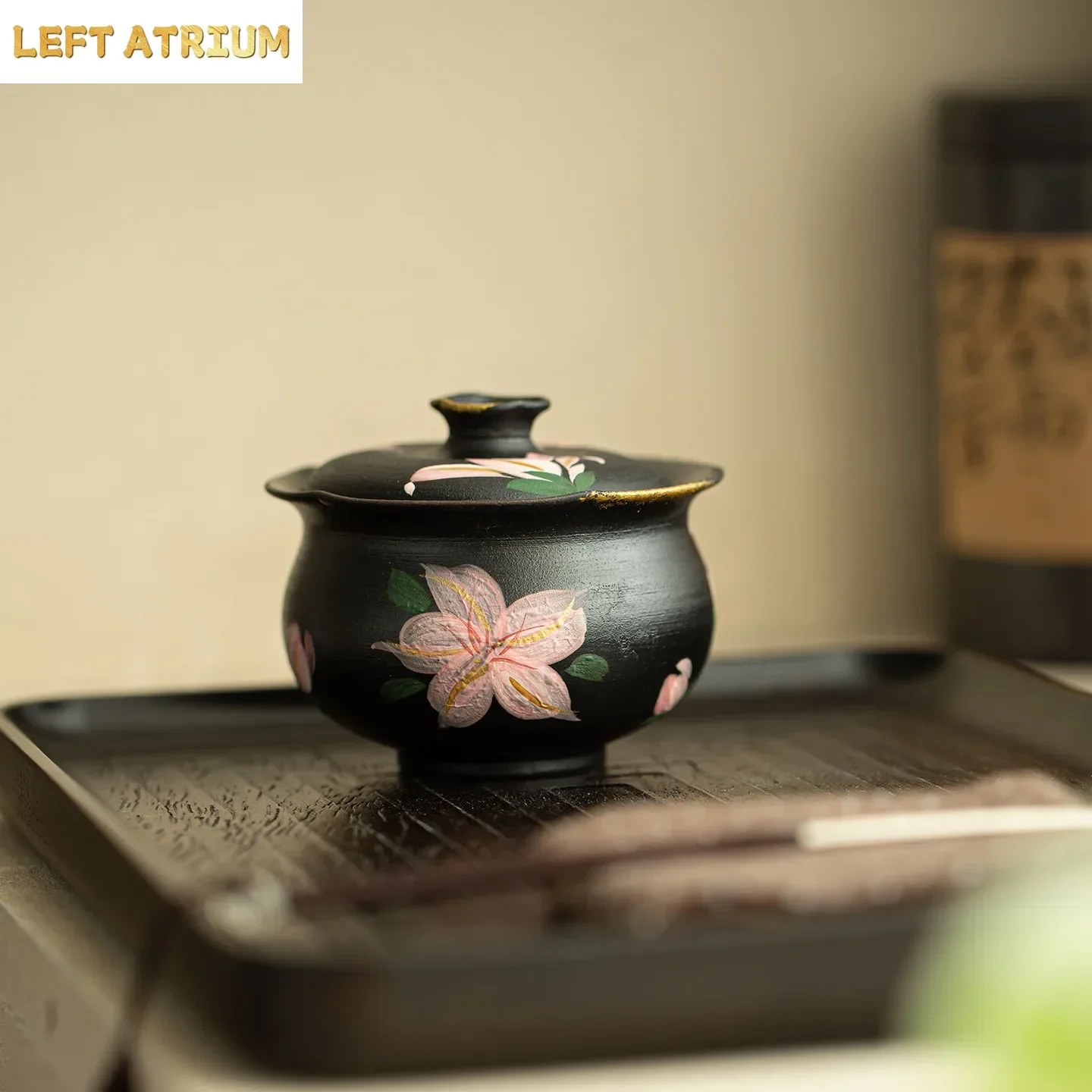 Black Pottery Pure Hand-painted Plain Ink Lily Cover Bowl Tea Bowl Gold-painted Household Ceramic Exquisite Stuffy Tea Bowl Gift