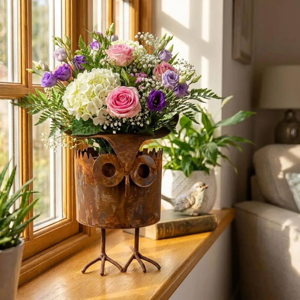 Rustic Style Metal Owl Flower Pot Retro with Legs Owl Ornament Weathered Finish Drainage Hole Bird Flower Pot Table