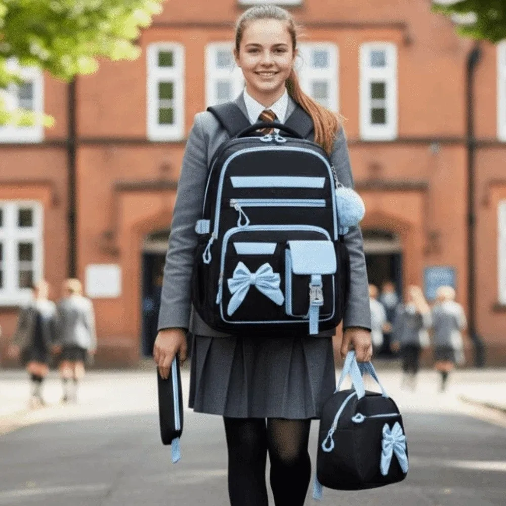 

Daypack Three-piece School Bag Set Casual with Pen Bag Students School Bag with Lunch Bag Polyester Large Capacity Backpack