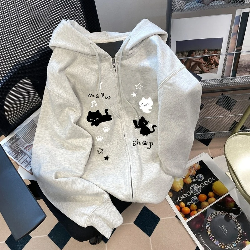 

Японские милые толстовки с принтом кота из мультфильма, осень-зима, женское свободное пальто большого размера, повседневное Y2k, эстетичная молния, кавайные куртки, топы