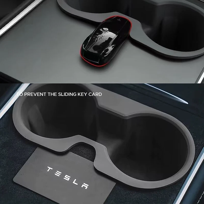 For Tesla Model 3 Y Console Silicone Water Cup Holder Insert with Car Key Card Slot