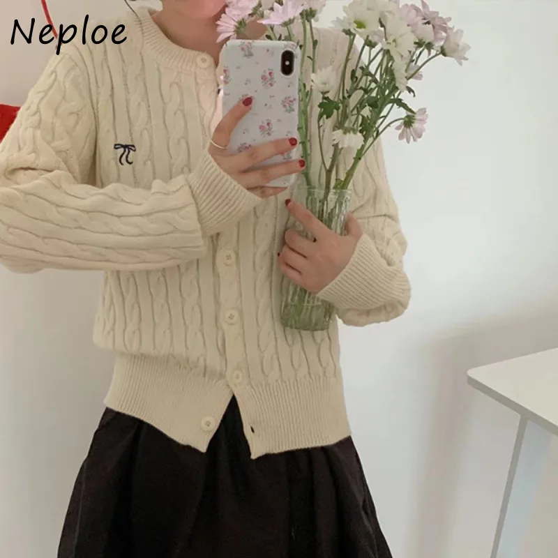 

Neploe 2025, осень-зима, новые свитера, пальто, женские модные топы с круглым вырезом и бантом, вышивка, Mujer Y2k, облегающий кардиган с длинными рукавами