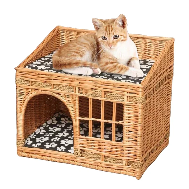 

Cat House for Indoor Cats Hand-woven Rattan Designed for Pets Cat Beds With Cozy Soft Cotton Washable Mat