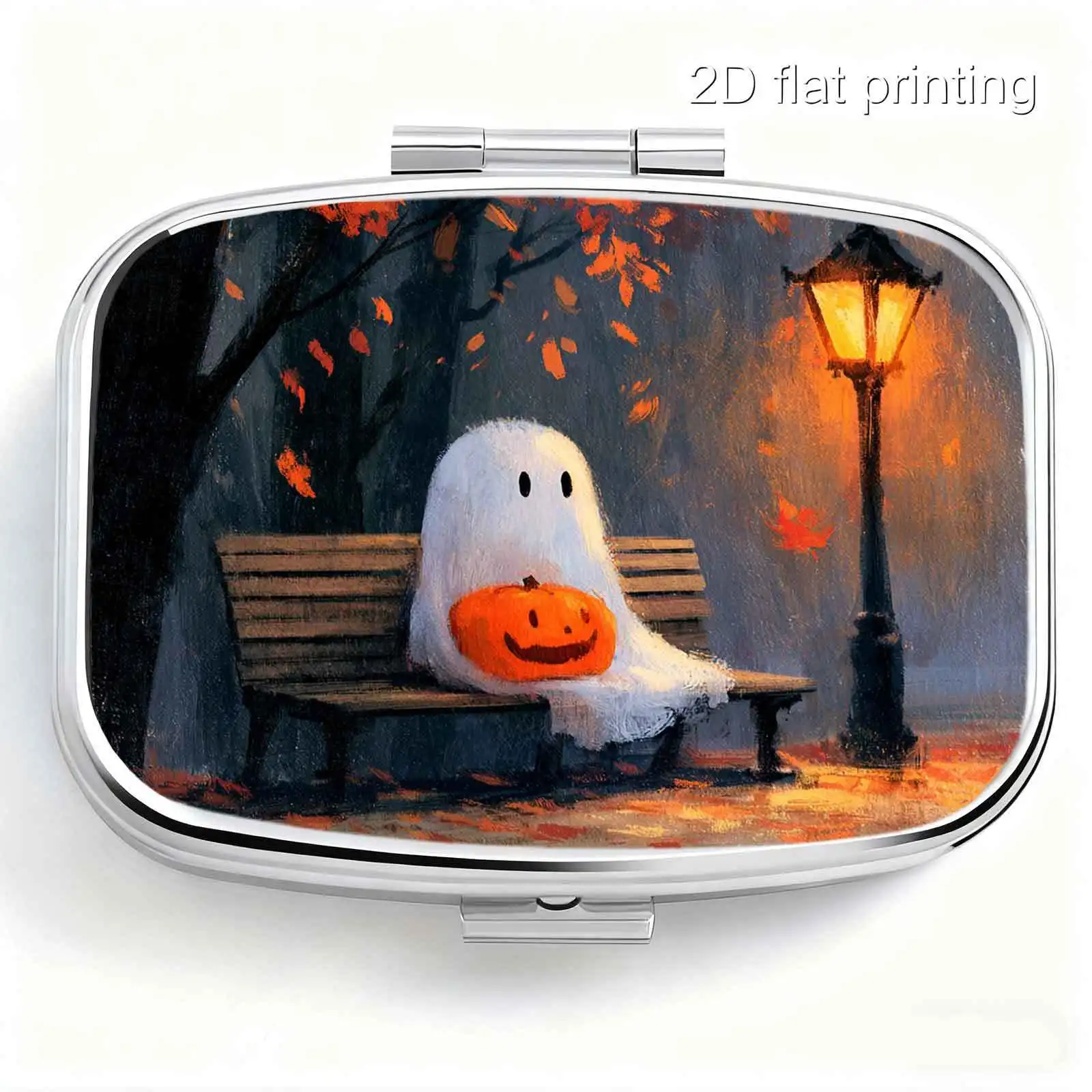 1Pc Flat Printing Pill Box, Portable Metal Material, Halloween Street Lamp Bench White Ghost Pumpkin Decorative Design, Autumn Warm-Toned Atmosphere Square Style Design, Pocket-Sized Pill Box, Mini Pill Box, Vitamin Compact Accessory Box, Compartmentalized Design, Easy Storage, Compartmentalized Storage, Ideal for Gift-Giving, Suitable for Business Trips, Portable and Easy to Carry