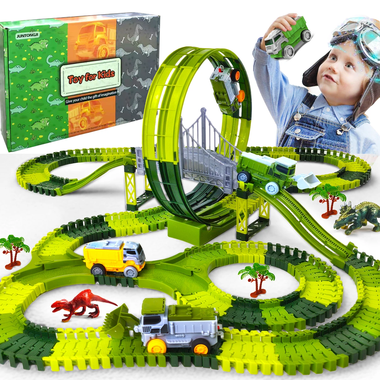 Electric Dinosaur Racing Car Track - Flexible Magic Climbing Rail Car Educational Puzzle Toy for Age 3-9 Boys Toddler Girls