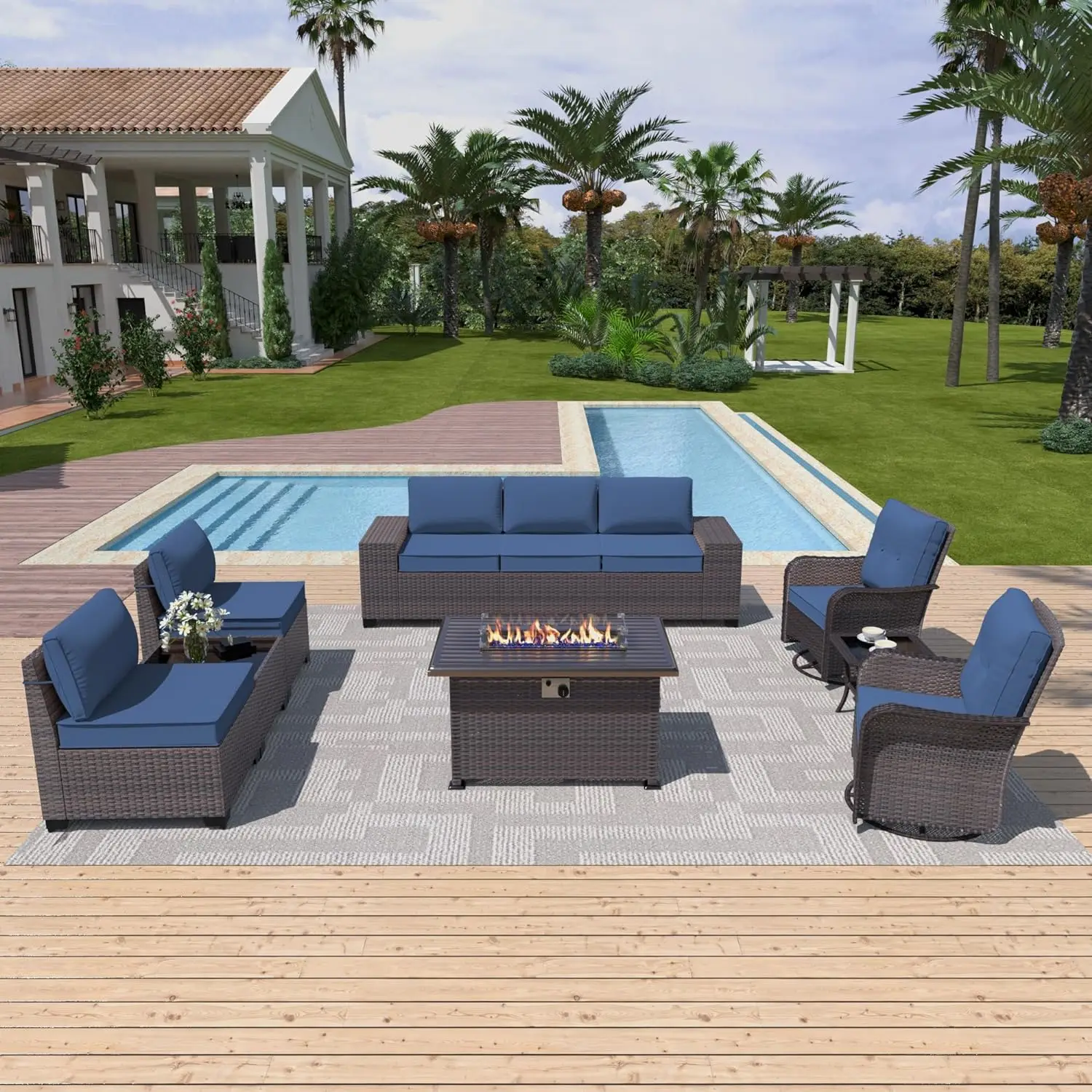 

10-Piece Patio Furniture Set with 2 Swivel Chairs with 55000 Gas Fire Pit with 7 Cushions - Dark Blue