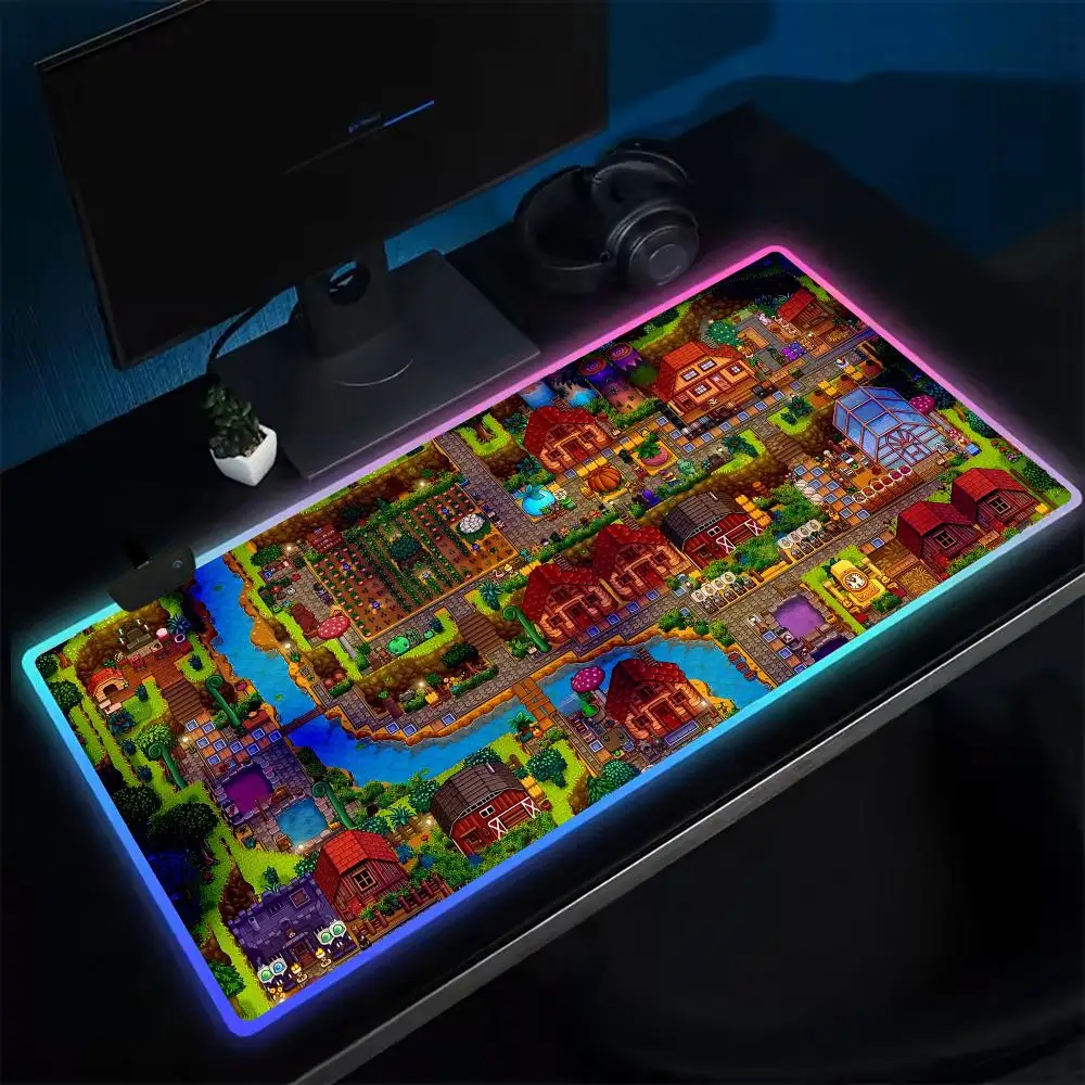Super Farmer S-STARDEW VALLEY Mouse Pad Anime Gaming Mouse Pad LED Table Pads Backlit Rubber Desktop XXL Mousepad RGB Desk Mats