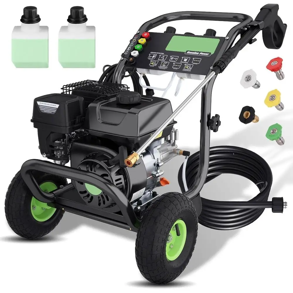 

Профессиональная газовая мойка высокого давления 4200PSI, 4GPM, коммерческая газовая мойка мощностью 6,5 л.с. с бутылкой пены, колеса 9 дюймов, 5 насадок, шланг 25 футов