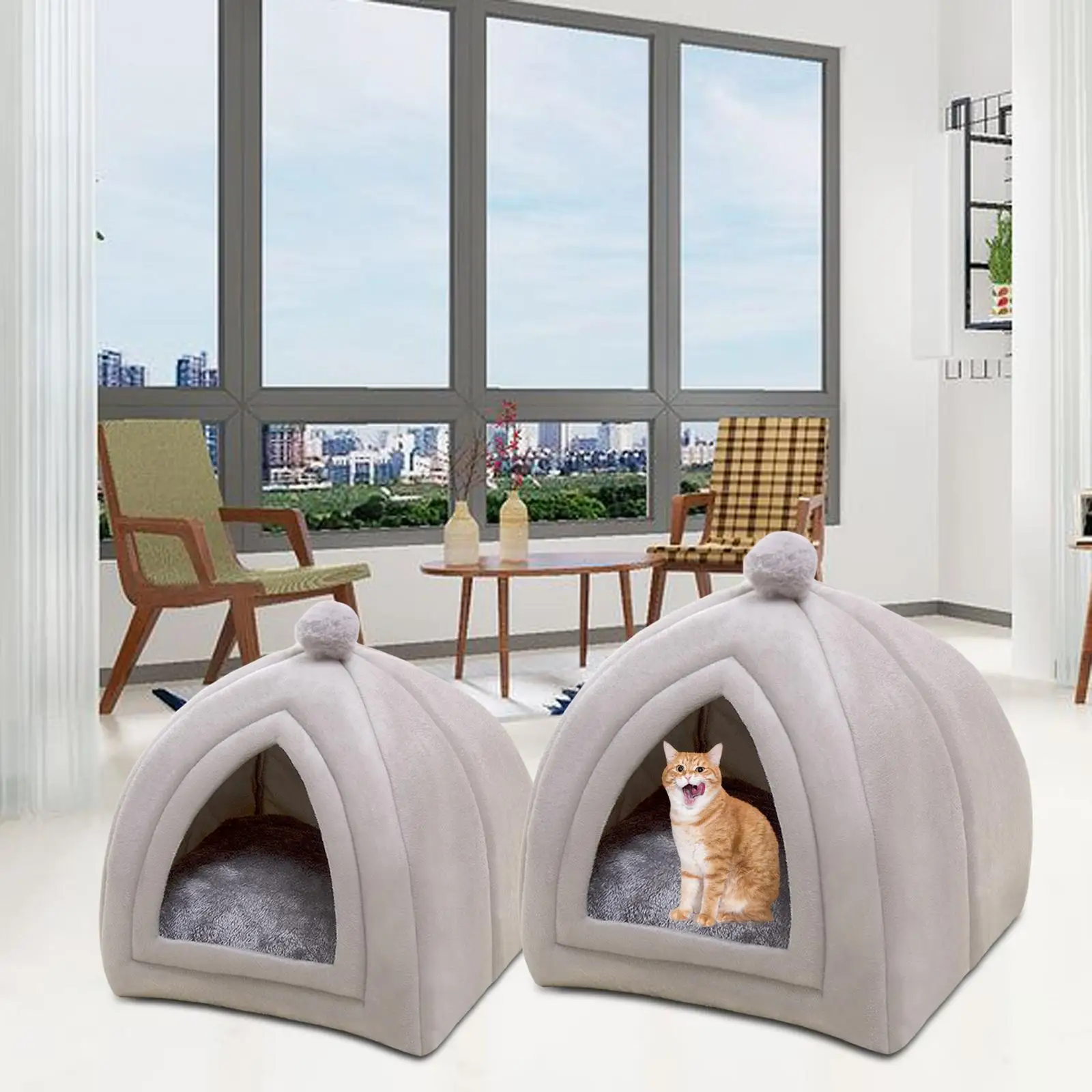 Portable Cat house Warm Cushion Washable Nest Kennel Plush for Floor Indoor Cats