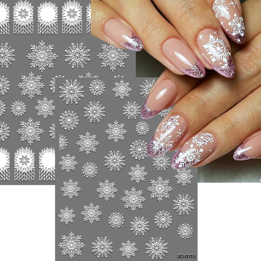 5D White Snowflake Nail Art Sticker Embossed New Year Nail Decals Designs Self Adhesive Sliders Wraps Manicure Decorations