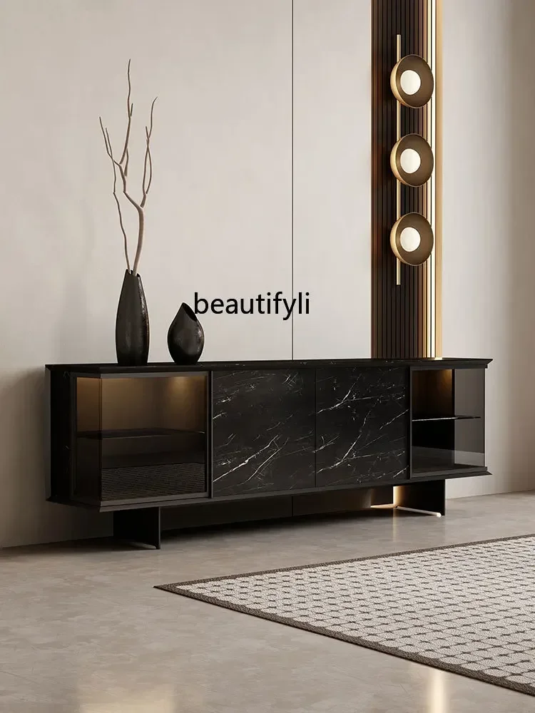 178Italian minimalist rock panel TV cabinet light luxury high-end living room home glass TV cabinet solid wood