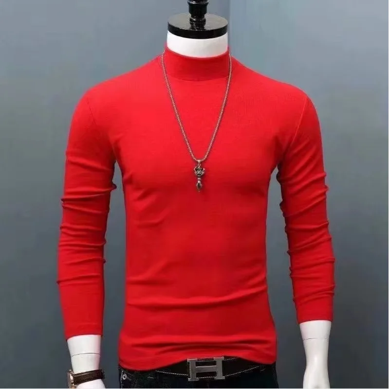 2025 Autumn Winter Men's High Neck T-shirt Slim Fit Fashion High Elastic Long Sleeve Cotton Casual Breathable Apparel Pullover