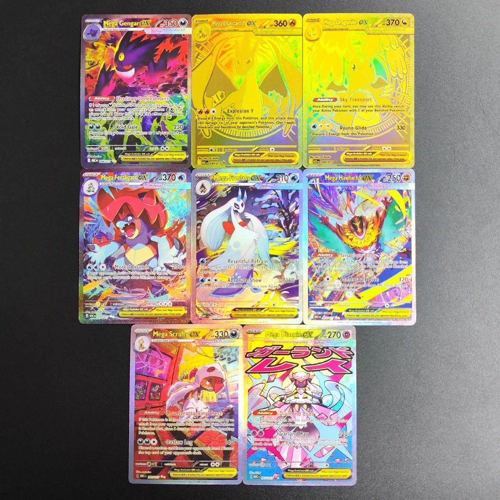 

8Pcs Proxy 2025 Pokemon EN Card MEGA Charizard Y Dragonite Gengar Diancie Feraligatr SAR Super Rare Single Anime Cards Toys