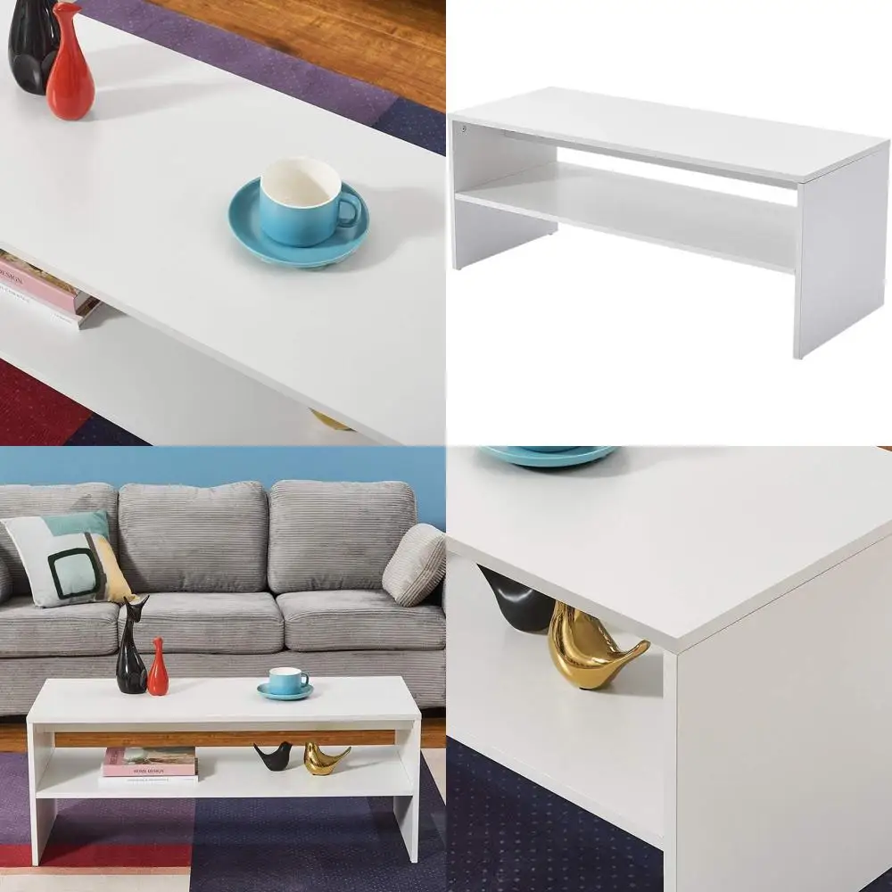

White 2-Tier Coffee Table with Sofa Side and End Table Functionality for Living Room or Office, 39.4 x 15.7 x 15.7