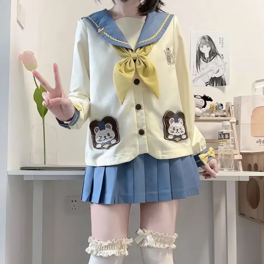 Cute Kindergarten Jk School Uniform for Girls Bear Sailor Suit Blue Pleated Skirt Japanese Student Anime Cos Costumes New Style