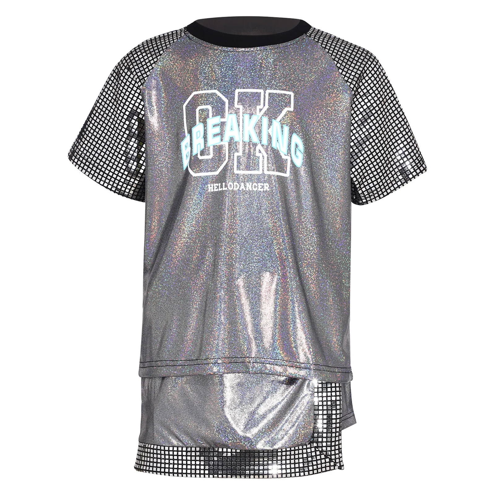 Kids Boys Girls Jazz Street Dance Outfit Hip-Hop Stage Jazz Dance Performance Costume Sparkling Sequin Metallic Top with Bottom