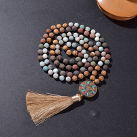 8mm Natural Stone Beads Knotted 108 Mala Necklace Meditation Yoga Prayer Rosary with Six Character Pendant Jewellery