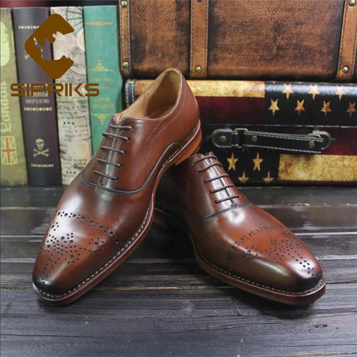 Sipriks Imported Italian Genuine Calf Leather Black Brogues Shoes Vintage Mens Classic Oxfords Bespoke Goodyear Welted Shoes 45