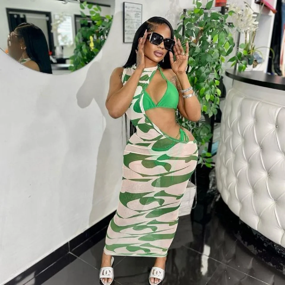 

Mesh Hollow Out Dress Two Piece Skirt Sets 2023 Summer Women Clothes Sexy Crop Tops Elegant Maxi Dress 2 Pieces Set Beach Outfit