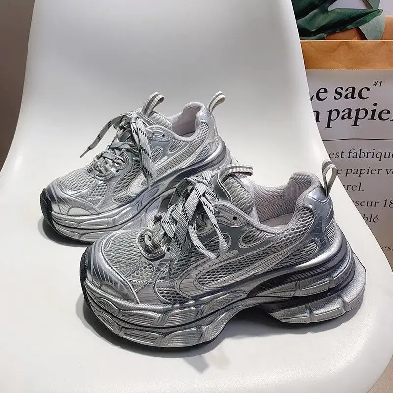 Zapatillas deportivas de plataforma para mujer, estilo Dad Sneakers, con suela gruesa, transpirables, plateadas, informales, deportivas, que aumentan la altura, novedad de otoño 2026